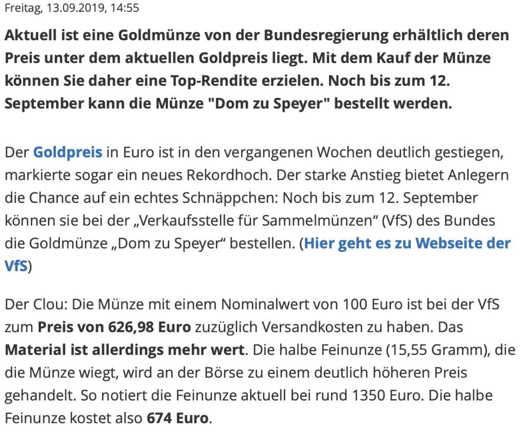 Goldmünze günstiger – Focus Online berichtet
